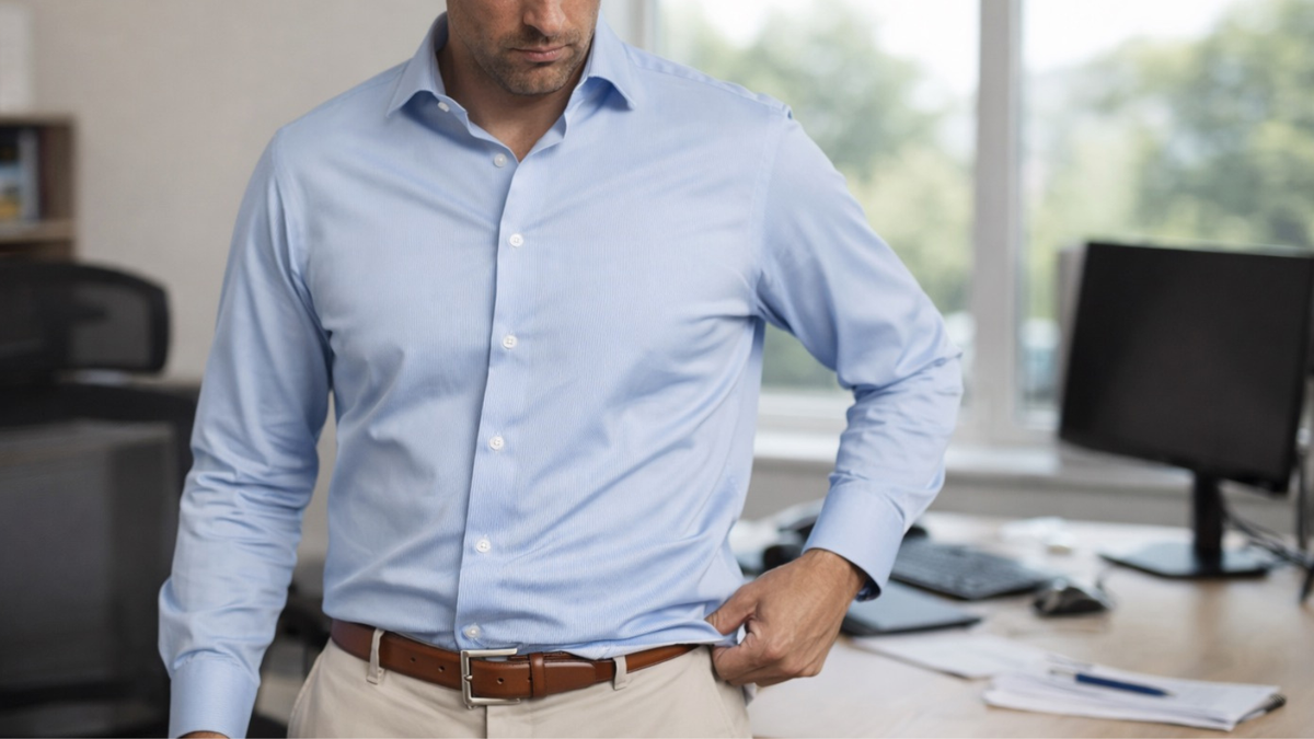 shirt coming untucked at waistband in office